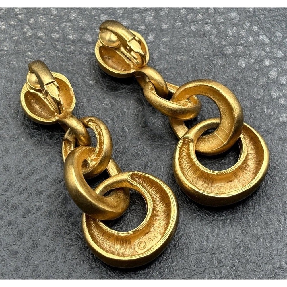 Vintage 80s Anne Klein Chunky Chain Link Drop Earrings Brushed Clip On Gold Tone - Picture 4 of 8